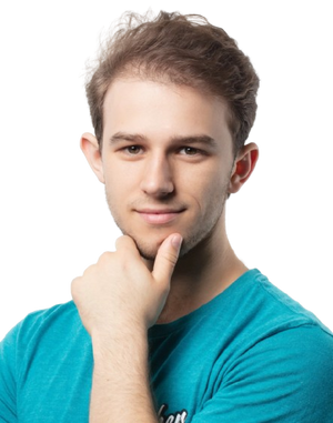 Carson wearing a blue shirt with a plain white background