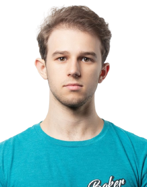 Carson wearing a teal t-shirt with 'Baker' logo on a white background