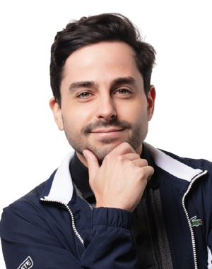 David wearing a navy blue jacket with a brand logo on a white background