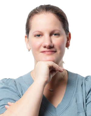 Maren wearing a light blue sweater on a white background