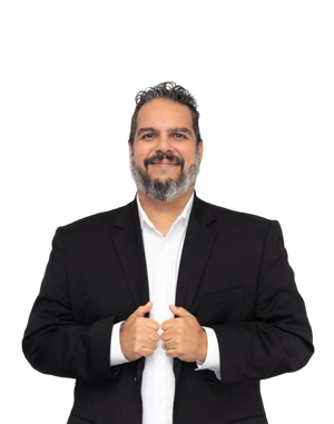 Michael wearing a black suit and white shirt on a white background