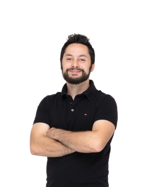 Peter wearing a black polo shirt with a brand logo on a white background