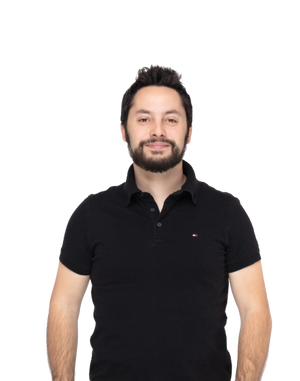 Peter wearing a black polo shirt on a white background