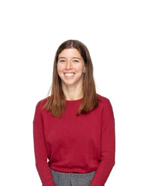 Tash wearing a red sweater on a white background