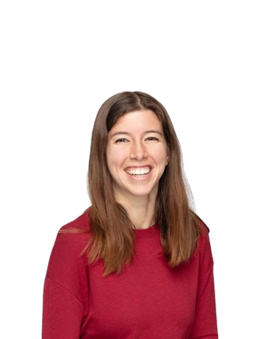 Tash wearing a red sweater on a white background