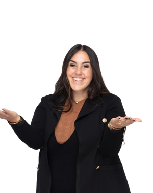 Whitney wearing a black coat with a white background