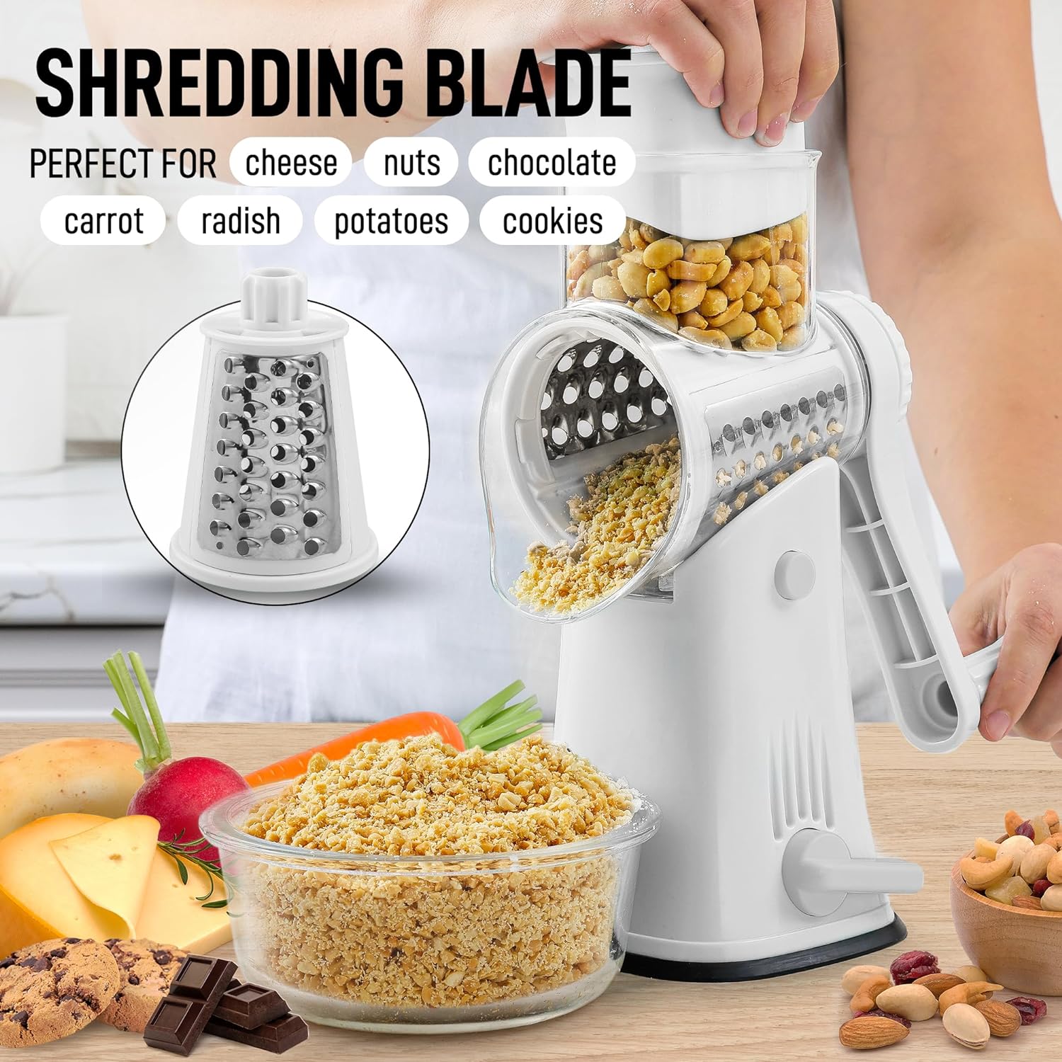 Cheese Grater Rotary Handheld Fruit Vegetable Slicer Shredder 3 Drum Blades