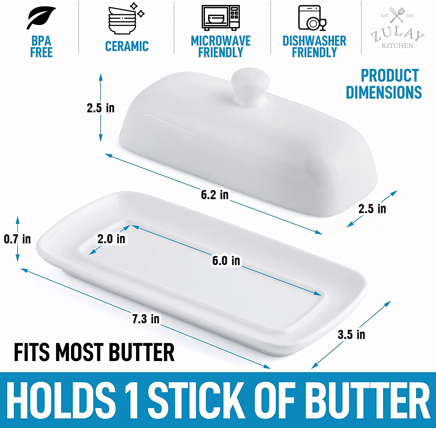 Zulay Kitchen Butter Dish With Lid For Countertop - Porcelain White,  Ceramic Butter Dish with Knob Handle Great for Cooking - Elegant Design  Butter