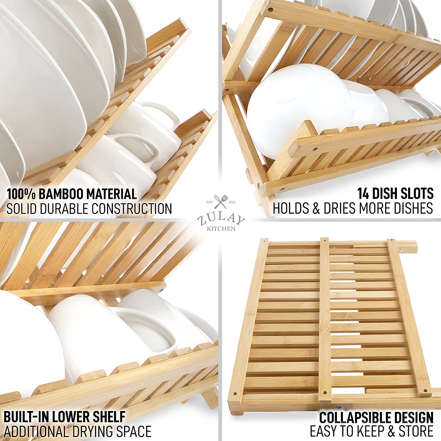 Foldable Bamboo Dish Drying Rack - 2-Tier - Zulay KitchenZulay Kitchen