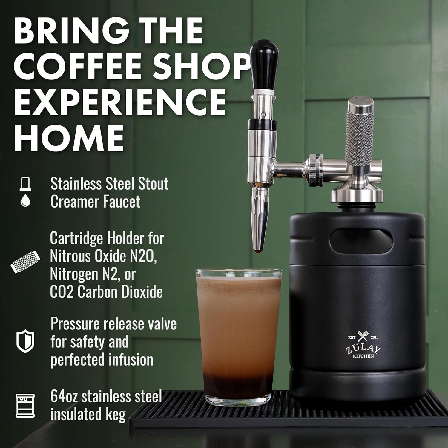 Zulay Kitchen Nitro Cold Brew Maker with Pressure Relieving Valve & Creamer Faucet - Black