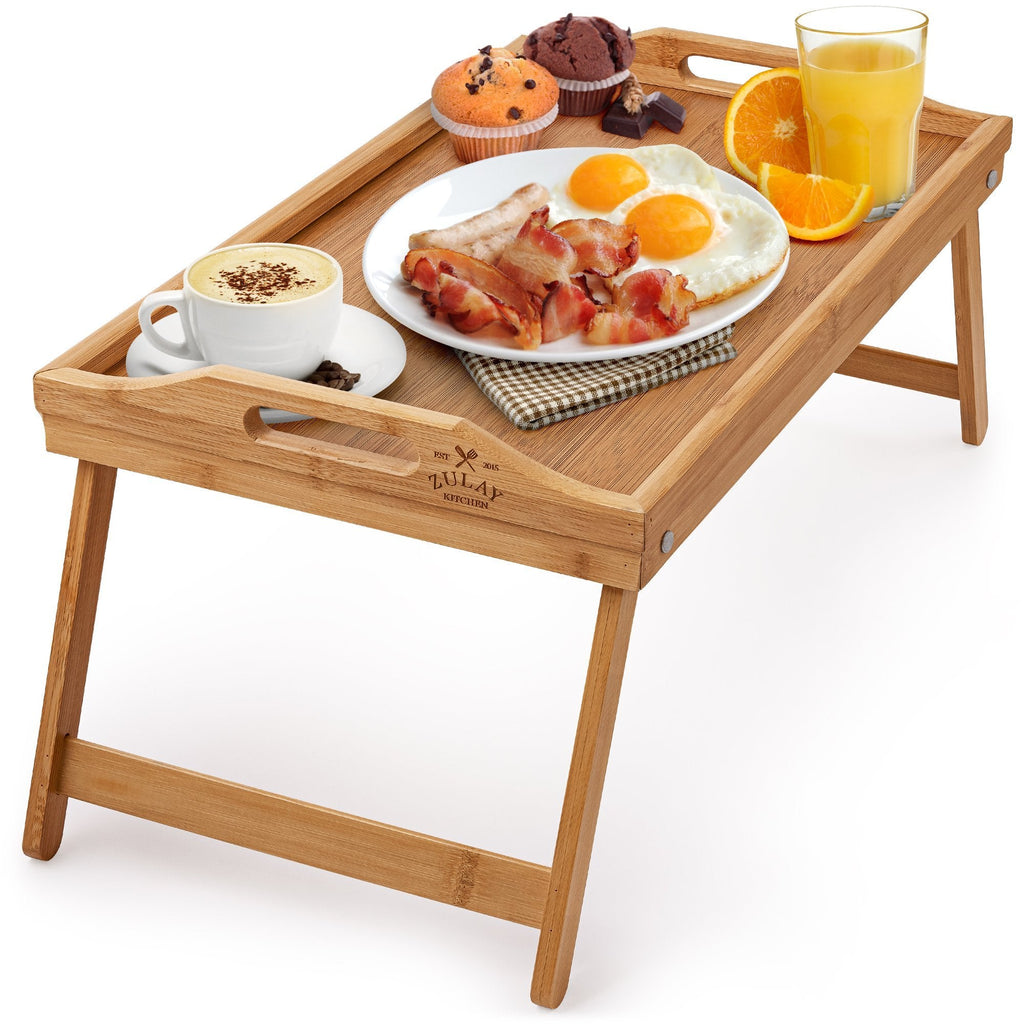 Bamboo Bed Tray Table, Breakfast Tray w/Removable Bamboo Mat & Folding Legs  & Handles, Bed Trays for Eating & Reading…