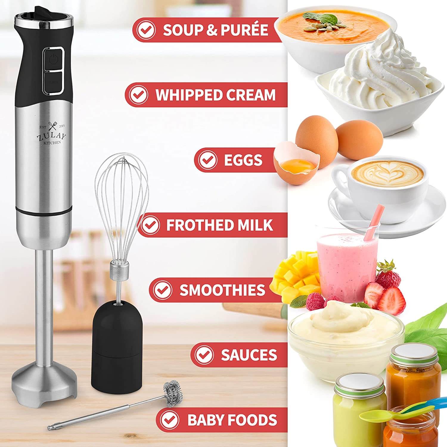 Zell Immersion Blender Handheld, Reinforced 800 Watt 5 Speed Turbo Immersion  Blender, Hand Blender For Shakes And Smoothies, 304 Stainless Steel With  Whisk & Milk Frother Attachments (3In1) 