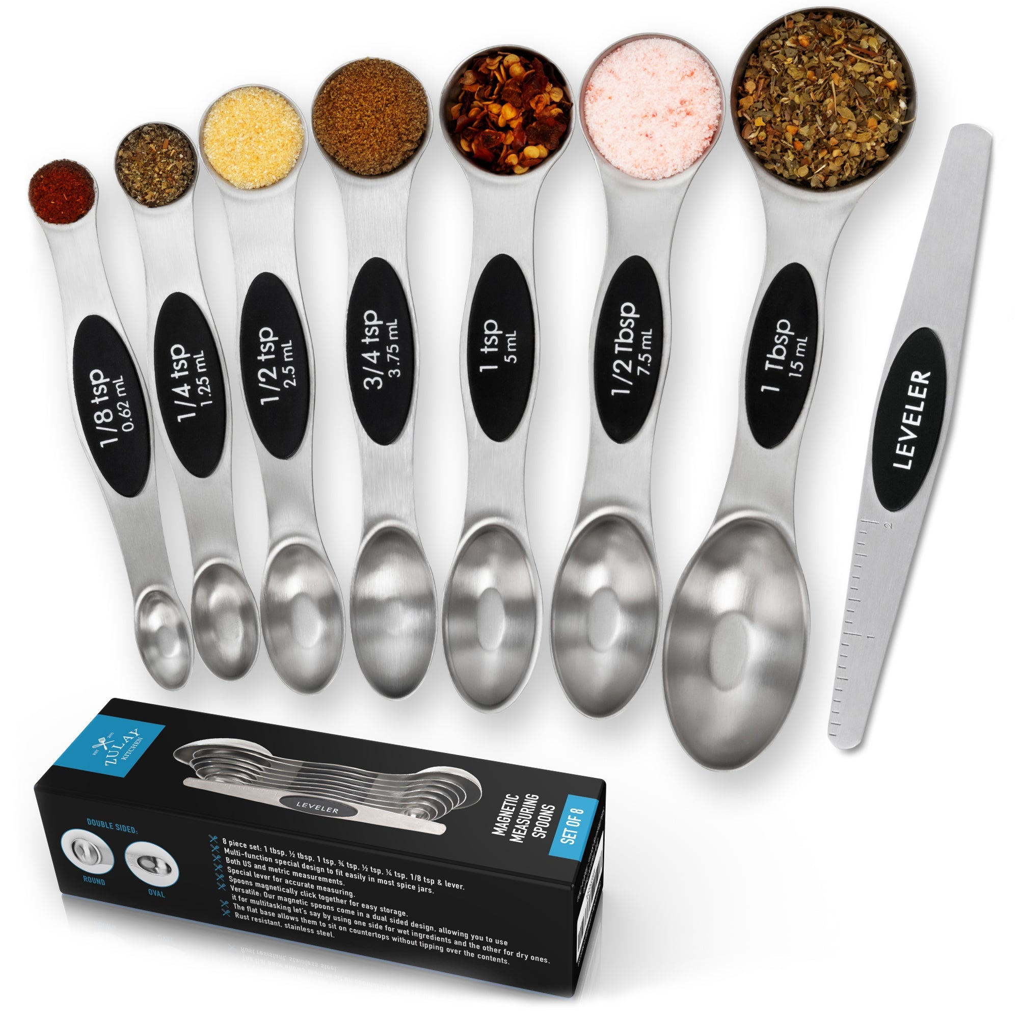 Zulay Kitchen Magnetic Measuring Spoons with Leveler - Silver