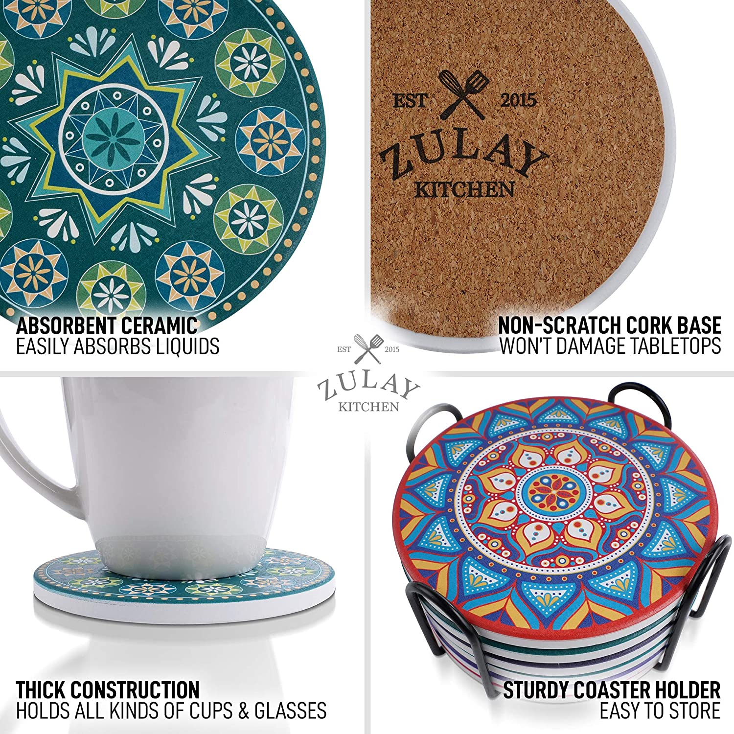 Mandala Coasters with Holder & Cork Base - Set Of 6 - Zulay KitchenZulay Kitchen