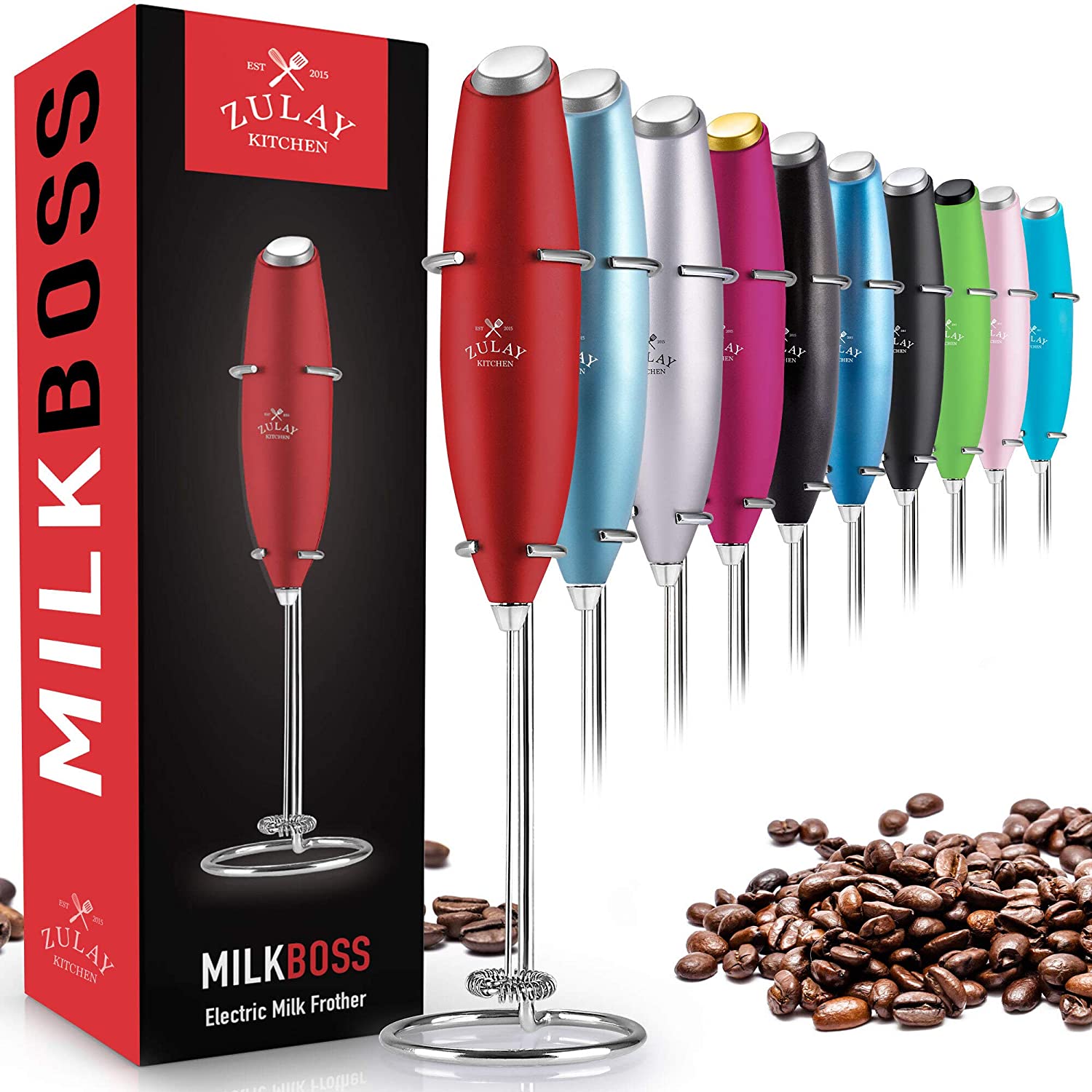 Zulay Kitchen Milk Frother for Coffee Portable & Compact Handheld Mixer  Travel Milk Foamer Red