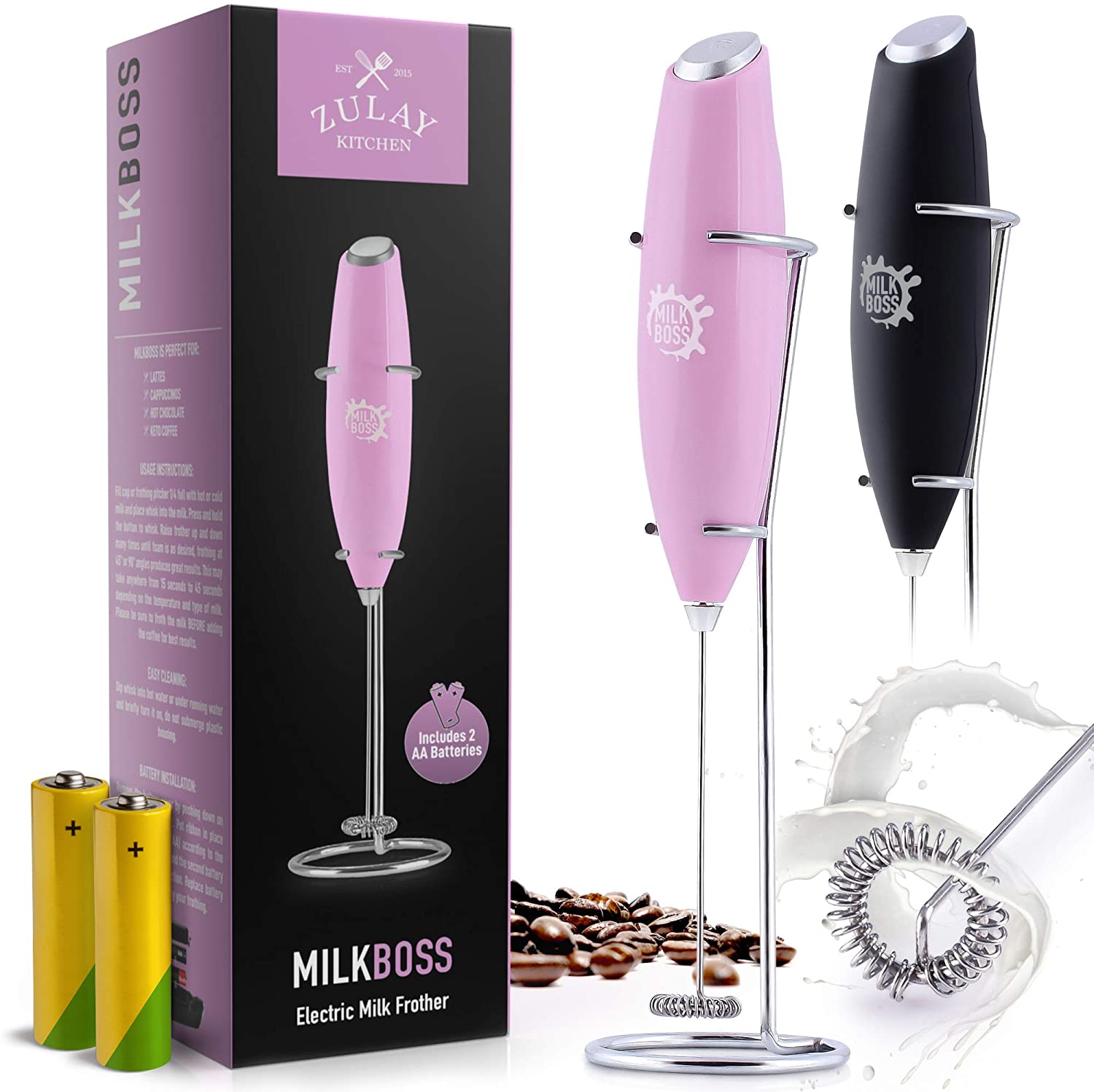 Zulay Kitchen Milk Boss Electric Milk Frother Foam Maker (Batteries Included) - Rose Pink