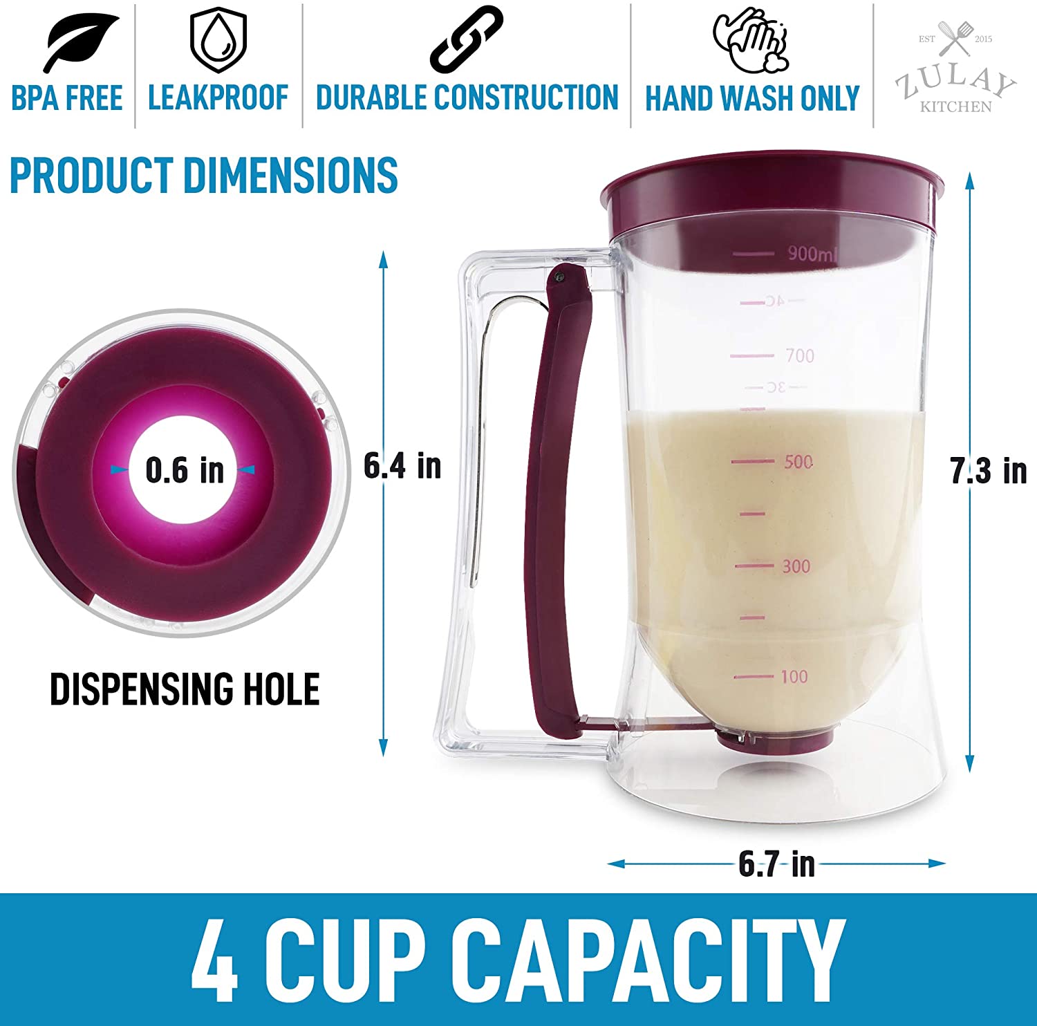  Dalup Enterprises Pancake Batter Dispenser - Kid Friendly &  Mess Free Cupcake Batter Dispenser with Squeeze Handle for Precise Portion  Control, Also Perfect for Waffles, Crepes, Cakes (4 Cup Capacity) 