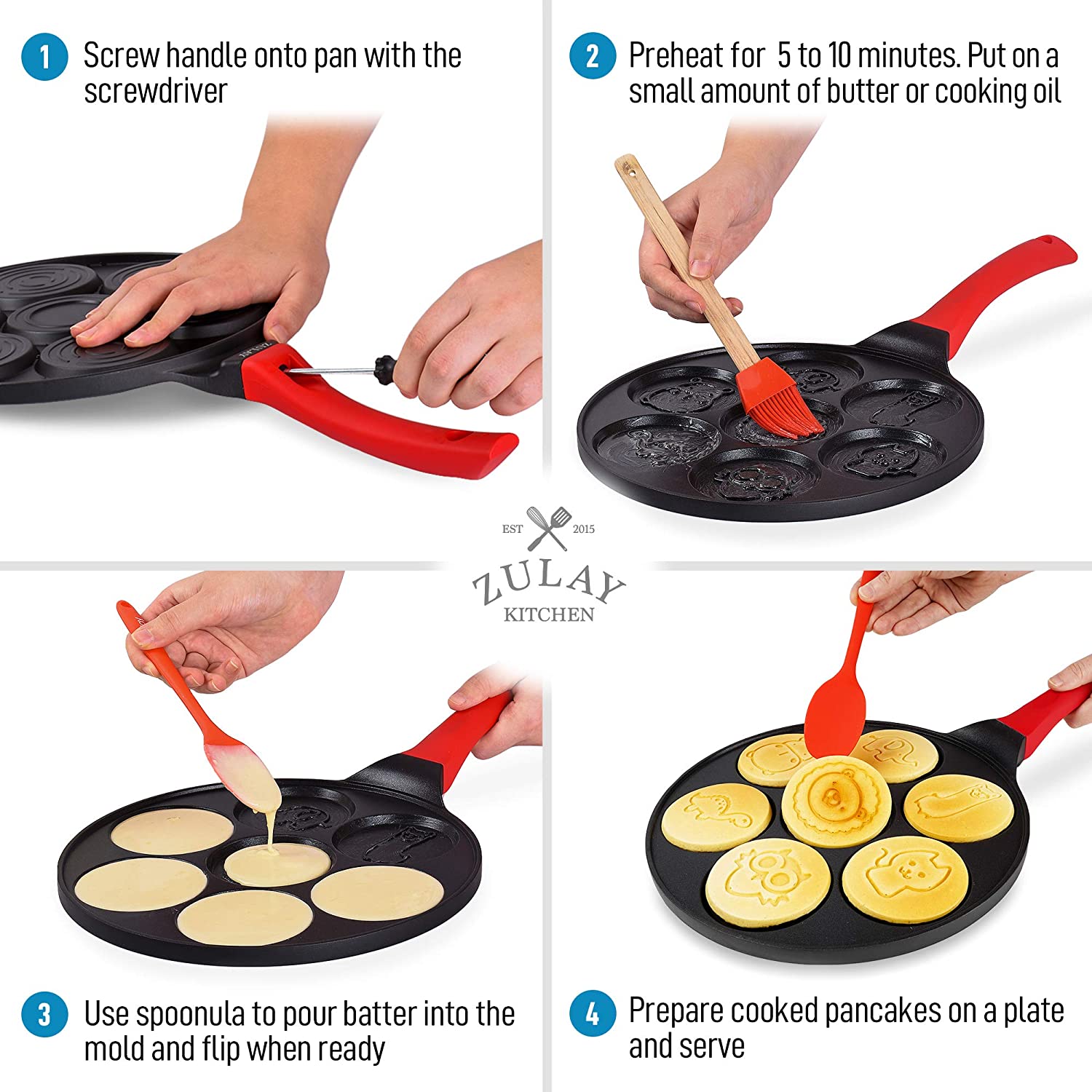 Pancake Pan With 7 Animal Face Designs Plus 2 Bonus Spatulas
