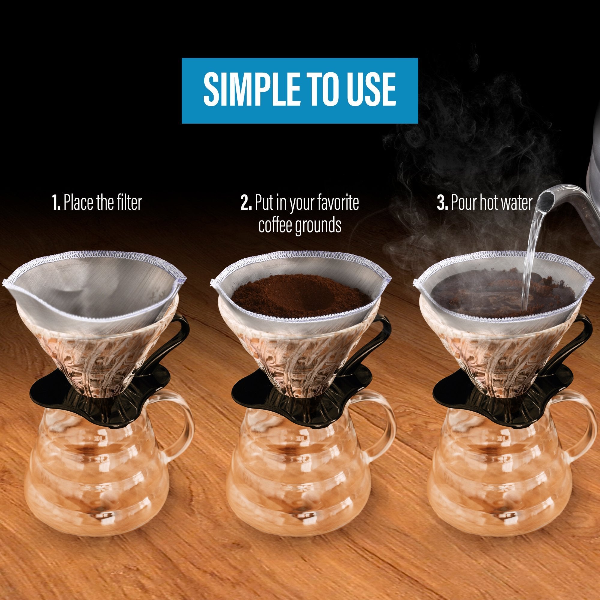 Reusable Pour Over Coffee Filter for Chemex and Hario V60 (Black