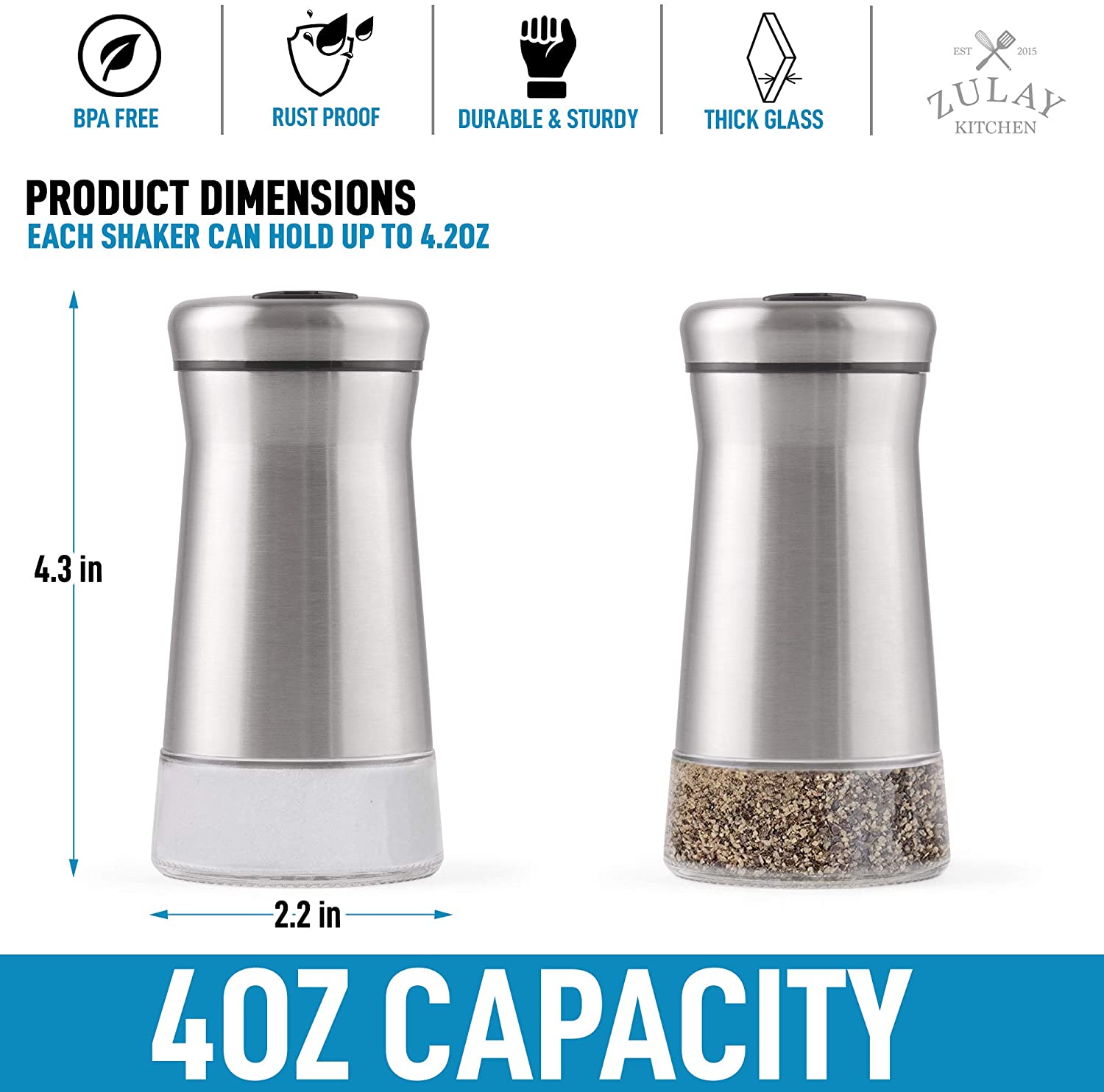 Salt And Pepper Shakers 4 oz Stainless Steel & Glass With 4 Adjustable Pour Holes - Zulay KitchenZulay Kitchen