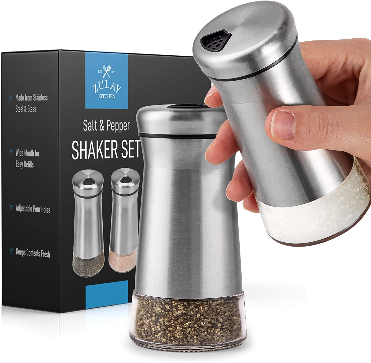 Salt And Pepper Shakers 4 oz Stainless Steel & Glass With 4 Adjustable Pour Holes - Zulay KitchenZulay Kitchen