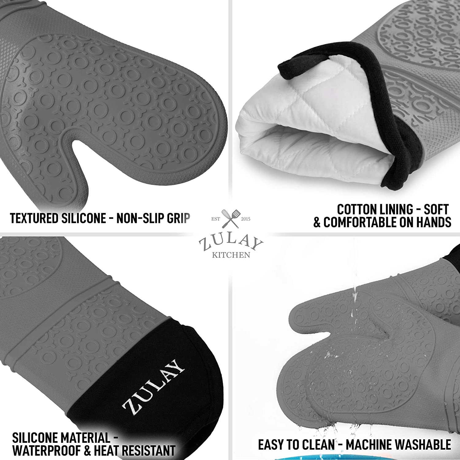Foodobay Silicone Oven Mitts - 12.5” Jet Black Oven Mitts Heat Resistant  500F - Grippy Design,Soft Lining Silicone Oven Gloves - Oven Mits Set for