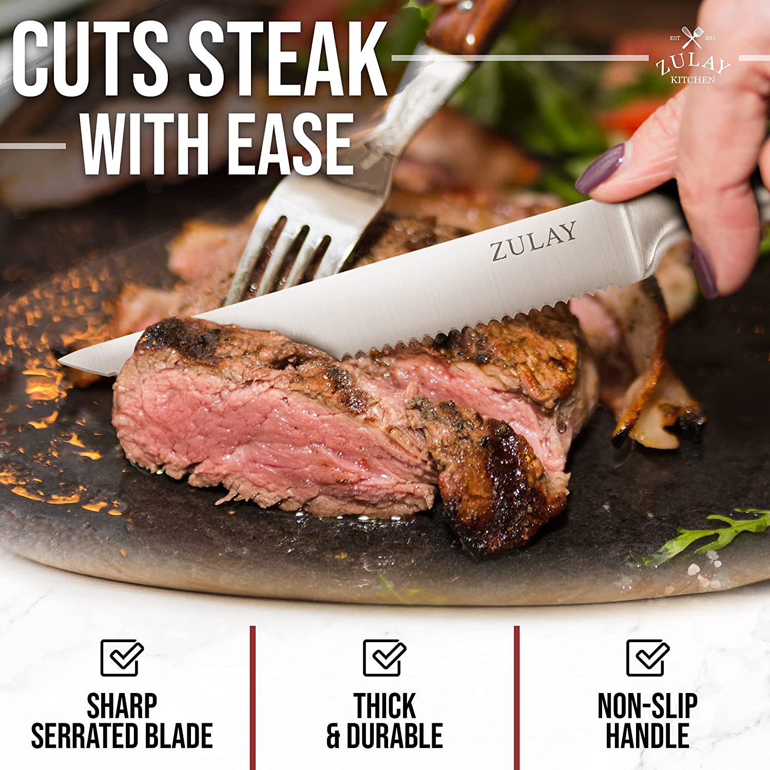 Tuo Cutlery Serrated Steak Knife - 5 inch Professional Kitchen Steak Knife Set 4 - Table Dinner Knife - German HC Stainless Steel Non Slip Pakkawood