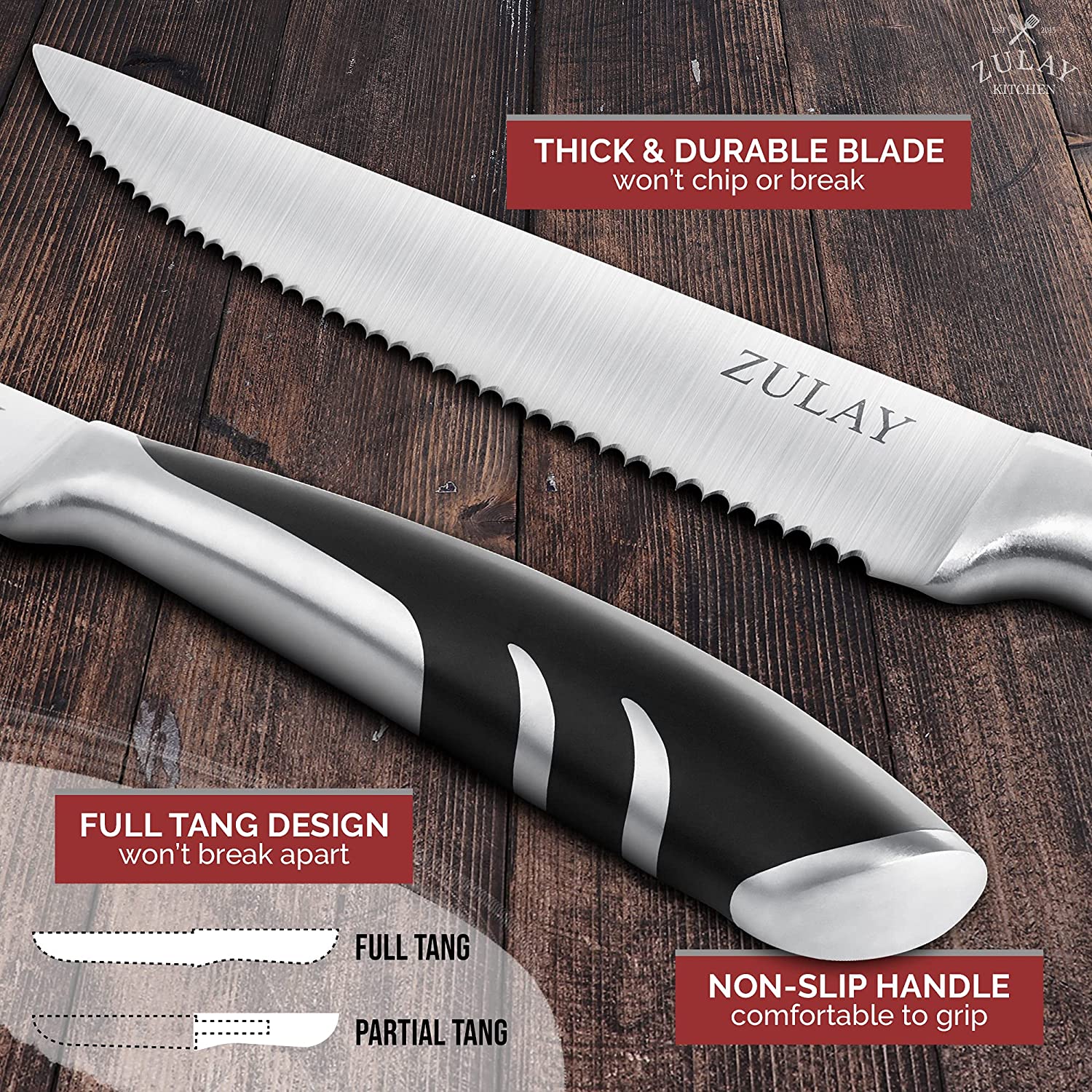 Ronco 4 Piece Steak Knife Set Stainless-Steel Serrated Blades Full-Tang Knives