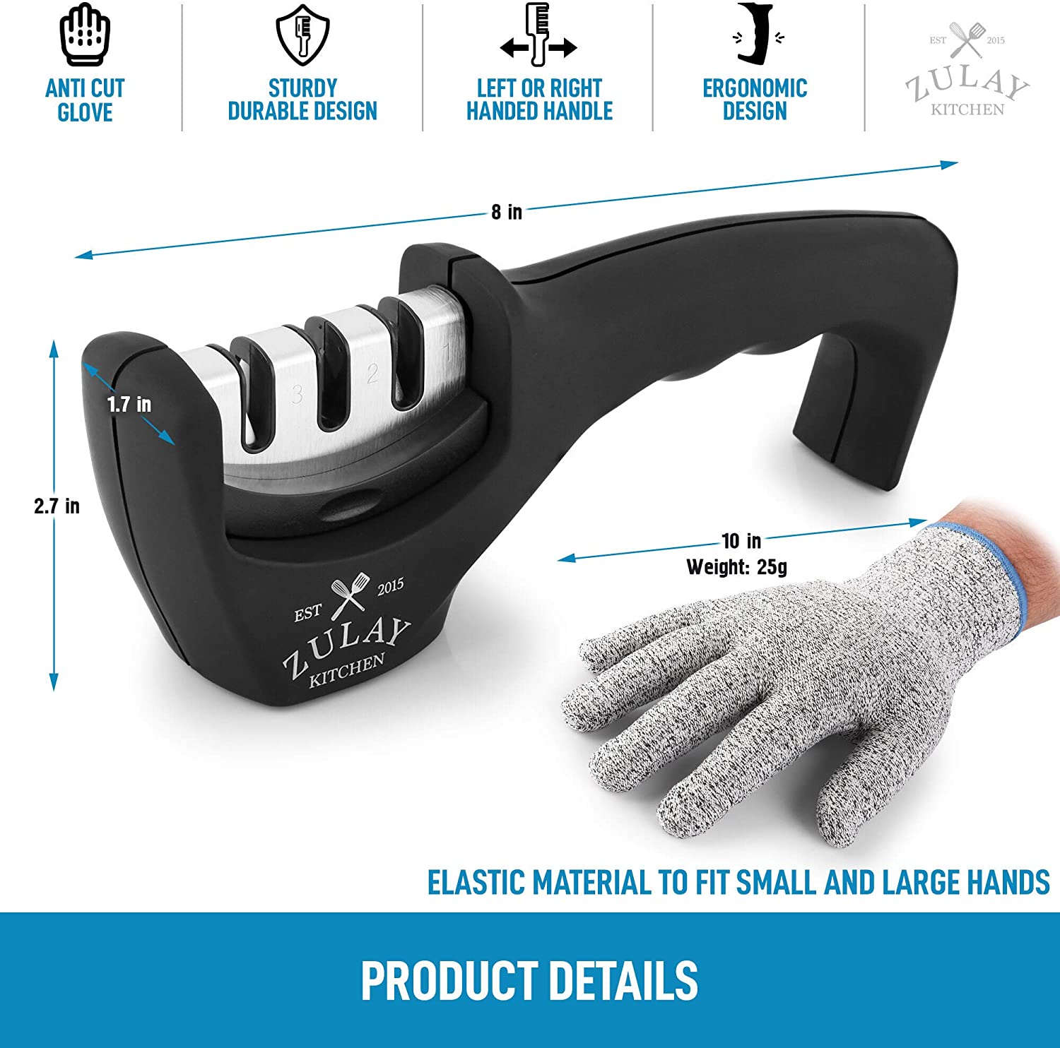 Zulay Kitchen - 3 Stage Knife Sharpener & Cut Resistant Glove